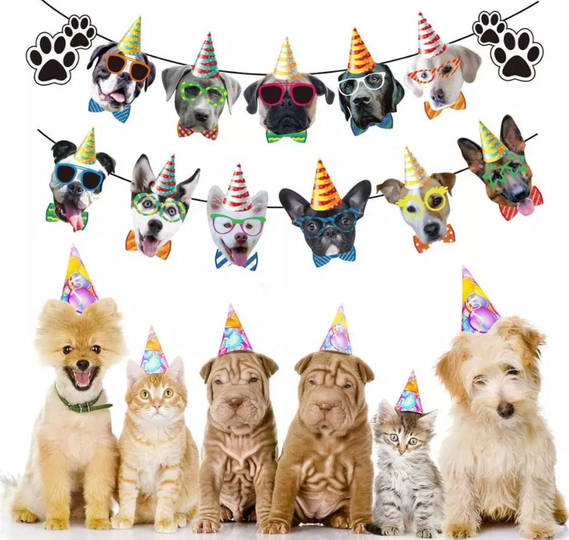 Dog Birthday Paper Party Garland and Cupcake Picks banner and bunting