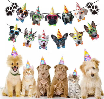 Dog Birthday Paper Party Garland and Cupcake Picks banner and bunting