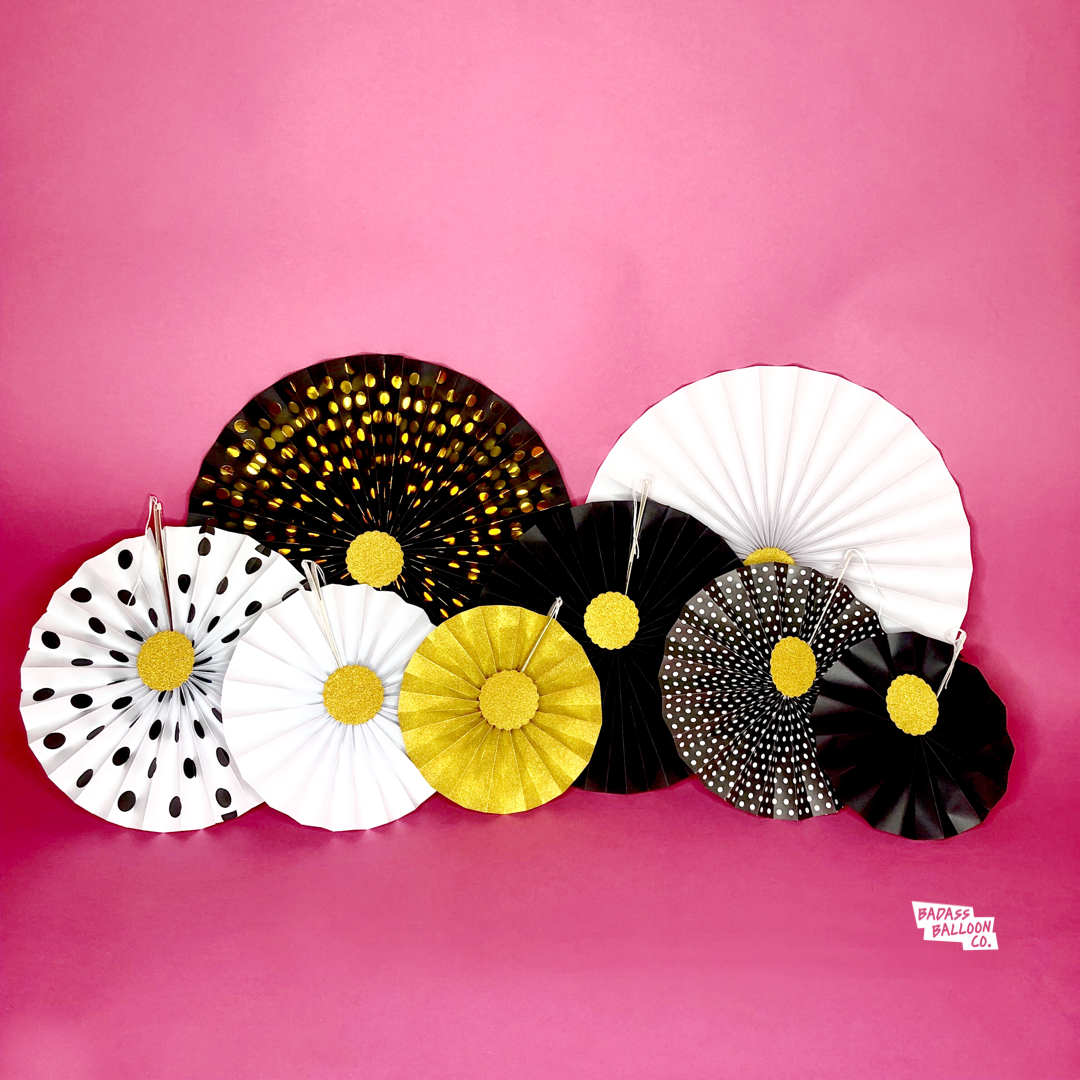 Black, Gold, and White Paper Flower Fan Hanging Decor 8 Piece Set