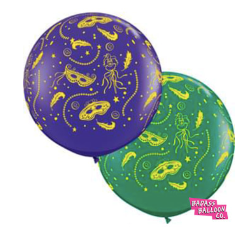 Pair of Jumbo Mardi Gras Balloons Purple and Green With Gold Tassels